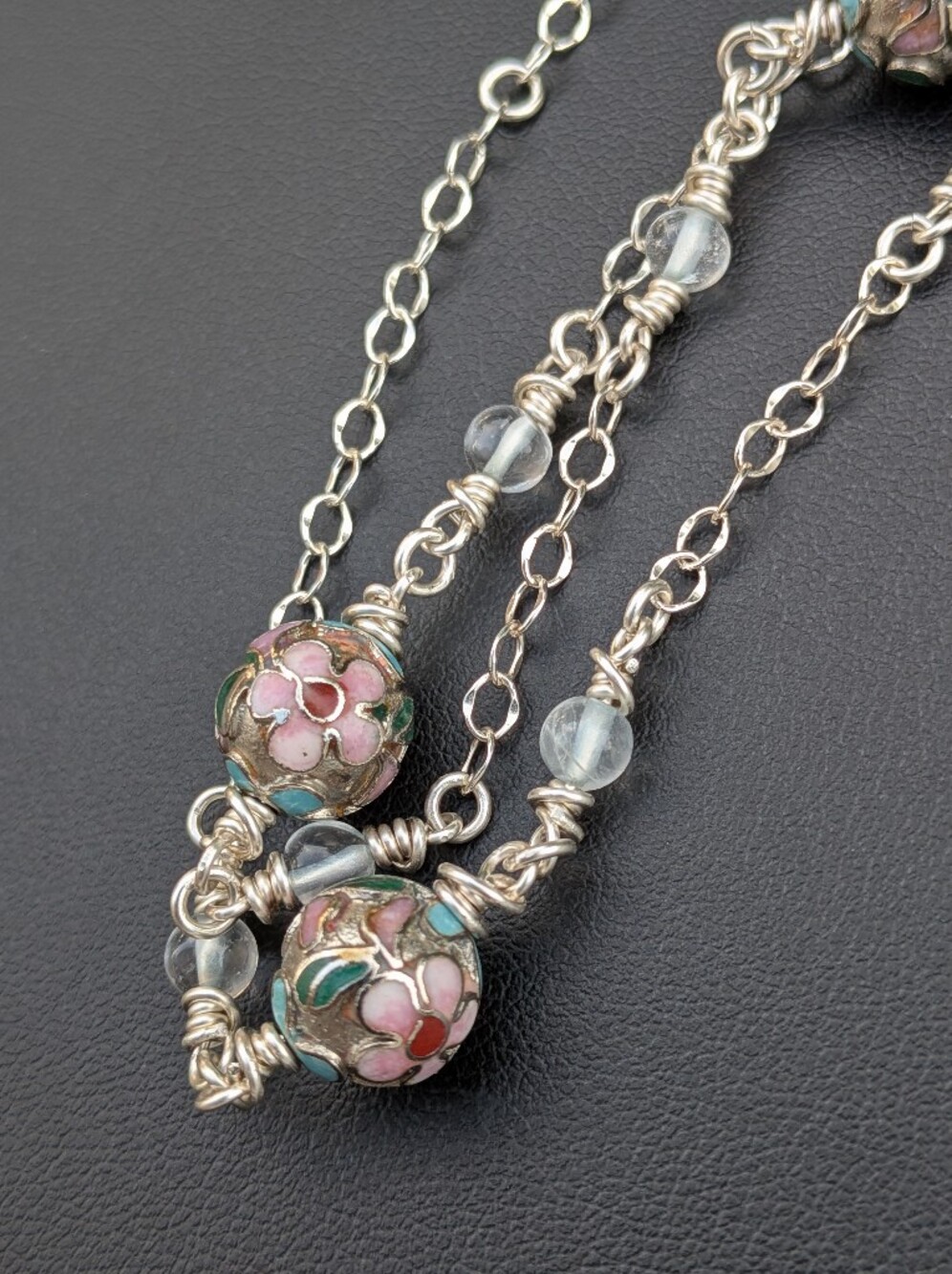 Sterling Silver Flower Necklace - Vintage Cloisonne Beads - Topaz Gems - Picture 7 of 14